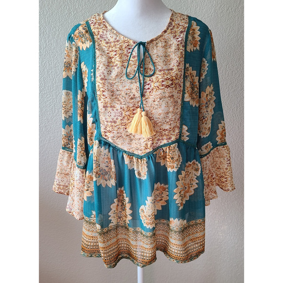 Bohemian Festival Flowy Women's Shirt Sz Large Sheer Bell Sleeve Tassels Western - Picture 1 of 16